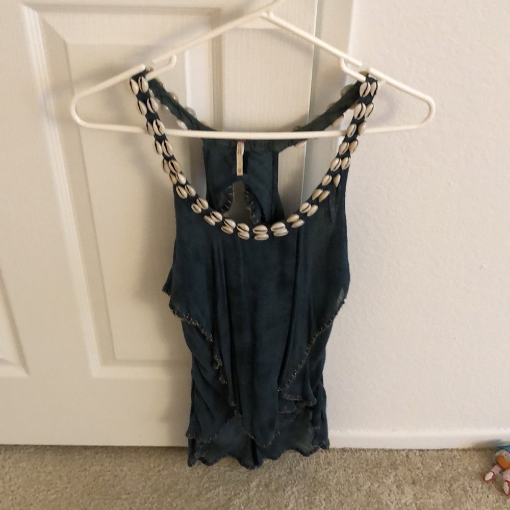 Free People Vintage Seashell Embellished Linen Tank Cami Razor Back Top Size XS